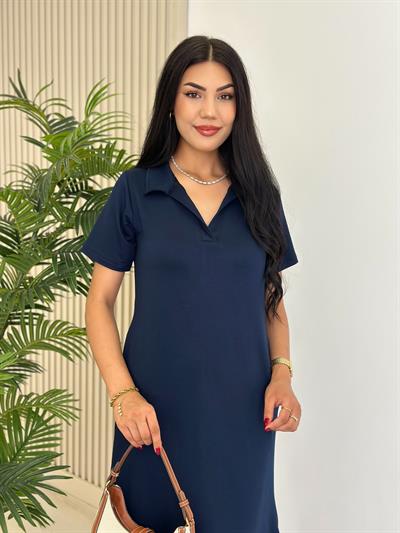 Gömlek Yaka Modal Kumaş Yırtmaçlı Elbise Lacivert