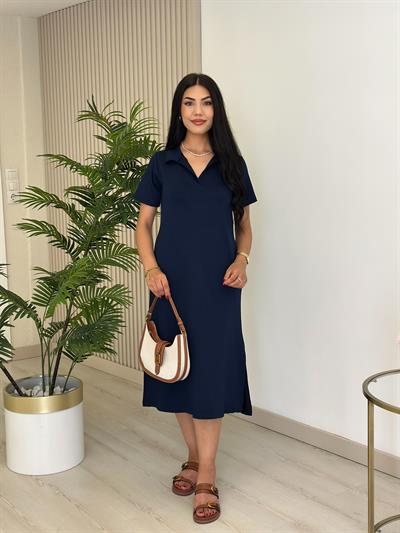 Gömlek Yaka Modal Kumaş Yırtmaçlı Elbise Lacivert