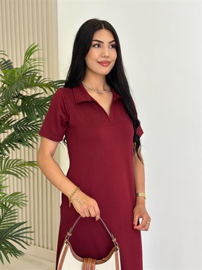 Gömlek Yaka Modal Kumaş Yırtmaçlı Elbise Bordo