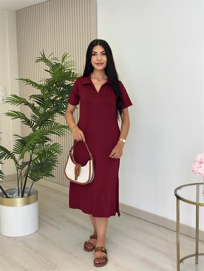 Gömlek Yaka Modal Kumaş Yırtmaçlı Elbise Bordo