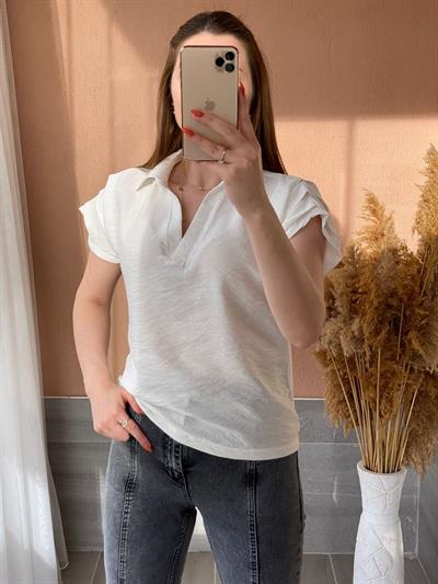 Gömlek Yaka Omuzları Drapeli Bluz Beyaz