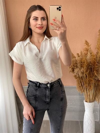 Gömlek Yaka Omuzları Drapeli Bluz Beyaz