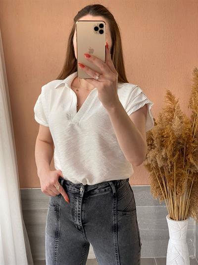 Gömlek Yaka Omuzları Drapeli Bluz Beyaz