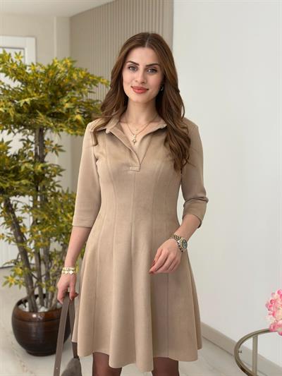 Gömlek Yaka Süet Elbise Bej