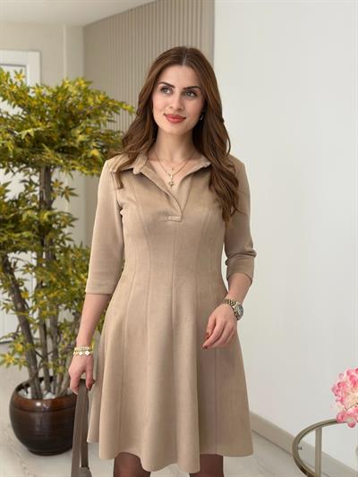 Gömlek Yaka Süet Elbise Bej