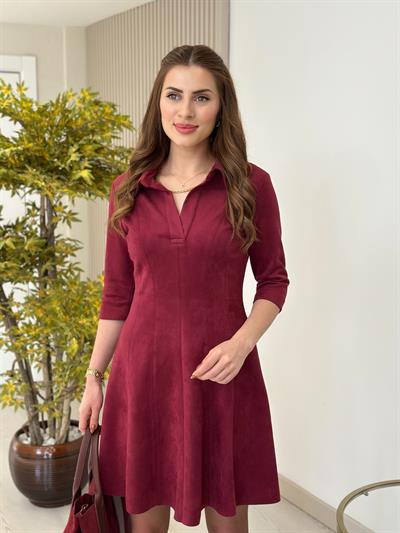 Gömlek Yaka Süet Elbise Bordo