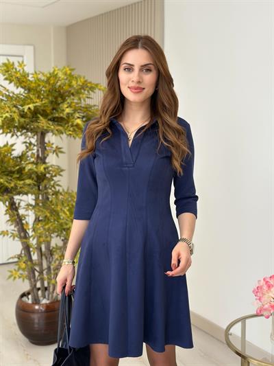Gömlek Yaka Süet Elbise Lacivert