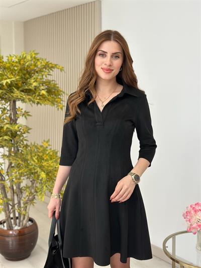 Gömlek Yaka Süet Elbise Siyah