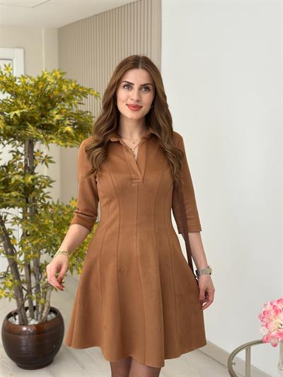 Gömlek Yaka Süet Elbise Taba