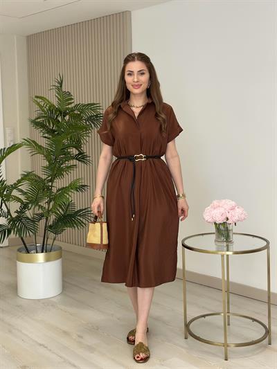 Gömlek Yaka Yanları Yırtmaçlı Kemerli Elbise Kahve
