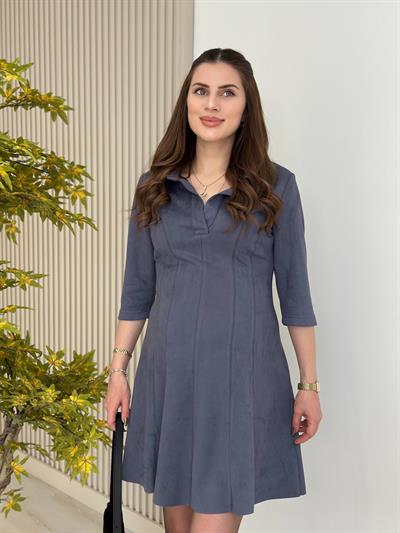 Gömlek Yakalı Süet Elbise Mavi