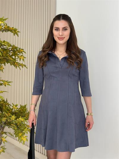 Gömlek Yakalı Süet Elbise Mavi