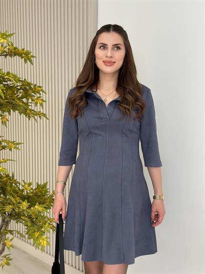 Gömlek Yakalı Süet Elbise Mavi