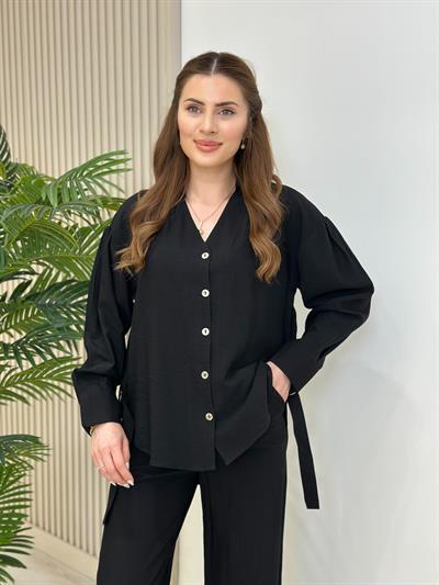 Gömlekli Ayrobin Kumaş Yanları Metal Detaylı Takım Siyah
