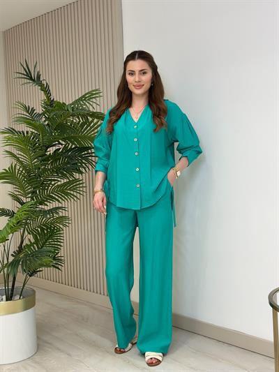 Gömlekli Ayrobin Kumaş Yanları Metal Detaylı Takım Su Yeşili