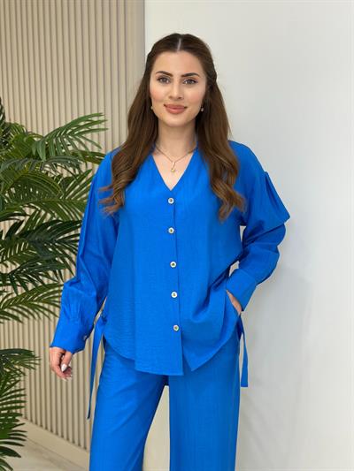 Gömlekli Ayrobin Kumaş Yanları Metal Detaylı Takım Saks Mavi