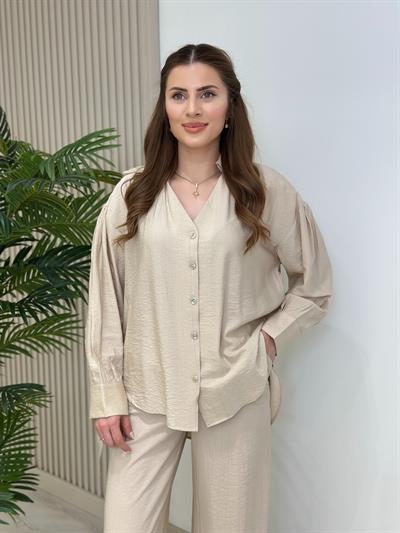 Gömlekli Ayrobin Kumaş Yanları Metal Detaylı Takım Bej