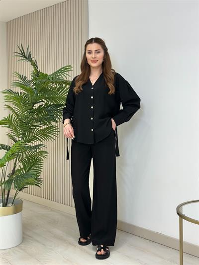 Gömlekli Ayrobin Kumaş Yanları Metal Detaylı Takım Siyah