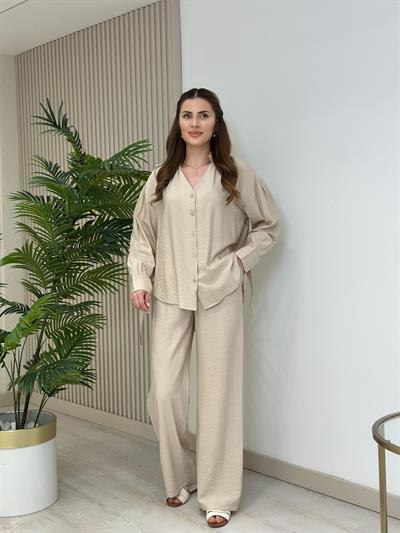 Gömlekli Ayrobin Kumaş Yanları Metal Detaylı Takım Bej