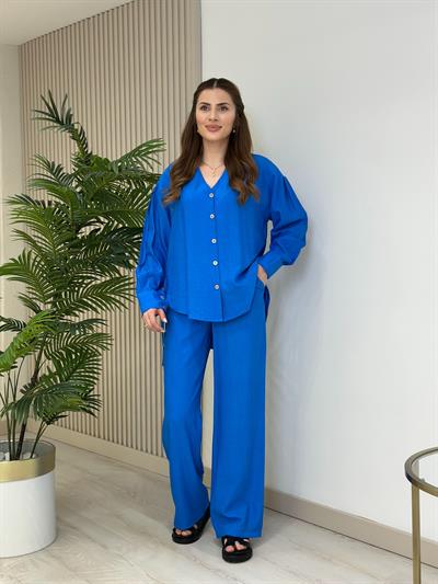 Gömlekli Ayrobin Kumaş Yanları Metal Detaylı Takım Saks Mavi