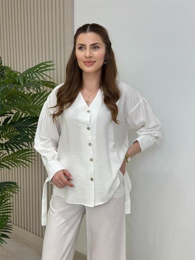 Gömlekli Ayrobin Kumaş Yanları Metal Detaylı Takım Beyaz