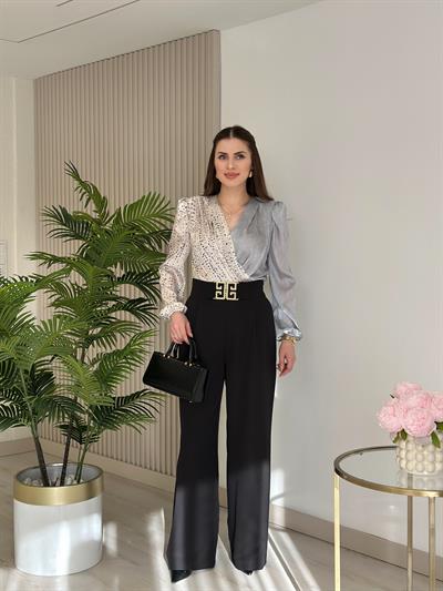 Gri Puantiye Desenli İpek Krep Bodysuit