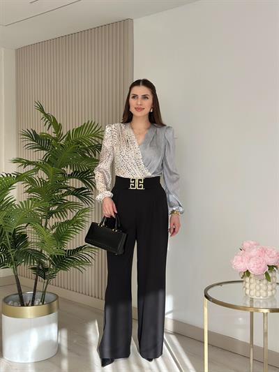 Gri Puantiye Desenli İpek Krep Bodysuit