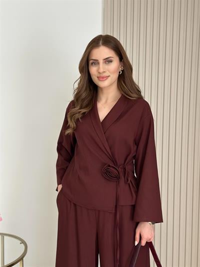 Gül Broşlu Keten Takım Bordo