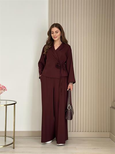 Gül Broşlu Keten Takım Bordo