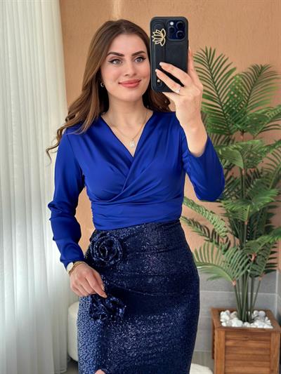 Gül Detaylı Payetli Tasarım Etek Lacivert