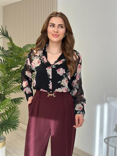 Gül Detaylı Şifon Gömlek 