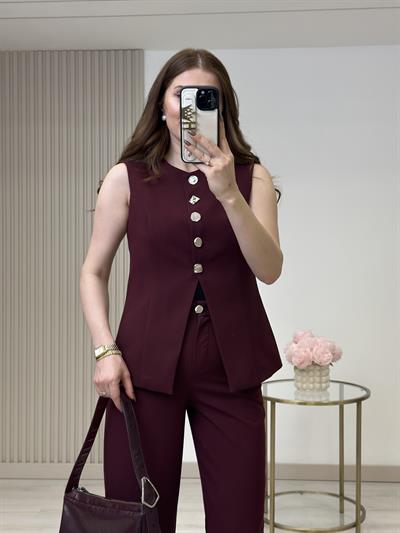 Gümüş Düğmeli Yelek Pantolon Takım Bordo