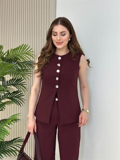 Gümüş Düğmeli Yelek Pantolon Takım Bordo