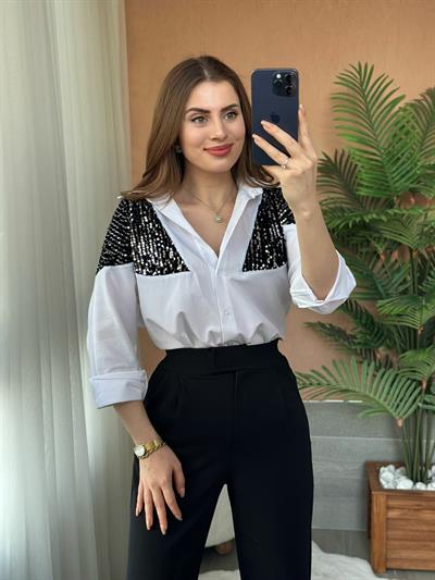 Gümüş Pulpayetli Rahat Kalıp Gömlek