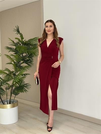 Gümüş Tokalı Anvelop Kesim Vatkalı Elbise Bordo