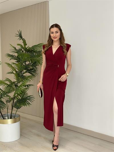 Gümüş Tokalı Anvelop Kesim Vatkalı Elbise Bordo