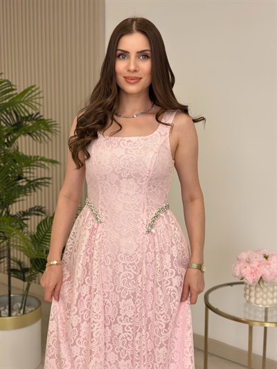 Güpür Beli Taş İnci Detaylı Kalın Askılı Elbise Pembe