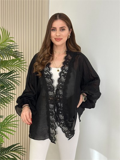 Güpür Detaylı Bağcıklı Oversıze Bluz Siyah