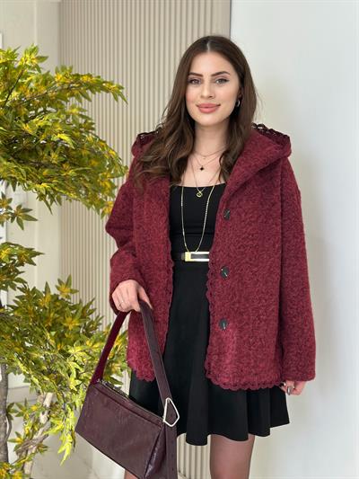 Güpür Detaylı Kapşonlu Kaban Bordo
