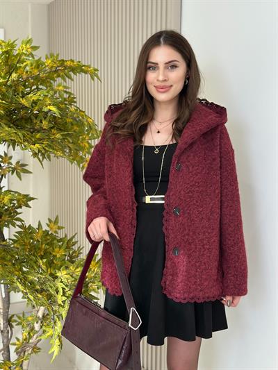 Güpür Detaylı Kapşonlu Kaban Bordo