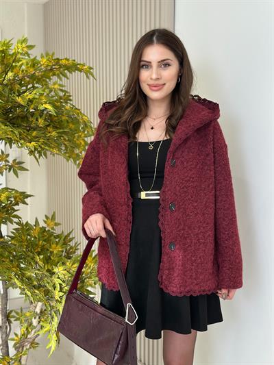Güpür Detaylı Kapşonlu Kaban Bordo
