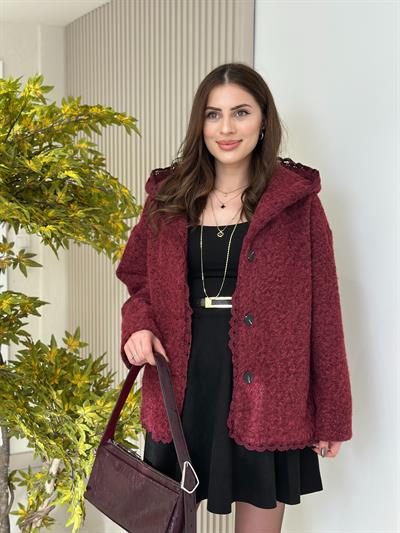 Güpür Detaylı Kapşonlu Kaban Bordo