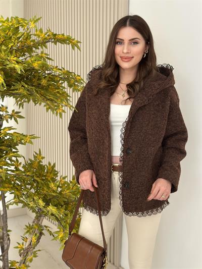 Güpür Detaylı Kapşonlu Kaban Kahve