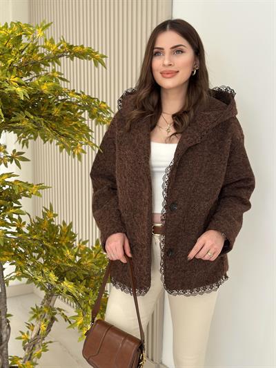 Güpür Detaylı Kapşonlu Kaban Kahve