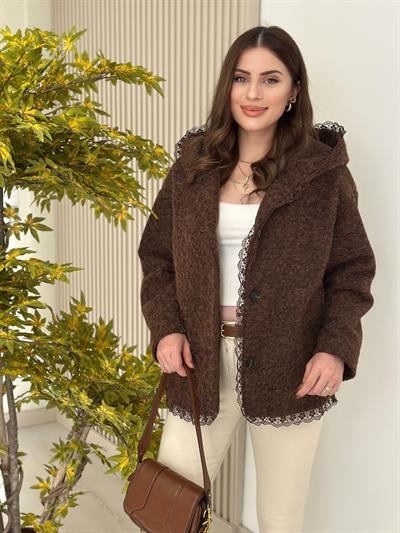 Güpür Detaylı Kapşonlu Kaban Kahve