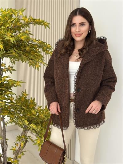Güpür Detaylı Kapşonlu Kaban Kahve
