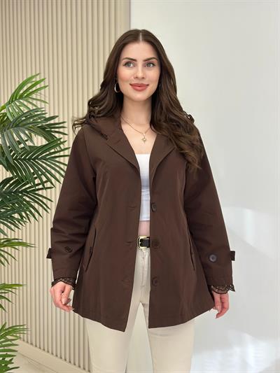 Güpür Detaylı Kapşonlu Trençkot Kahve