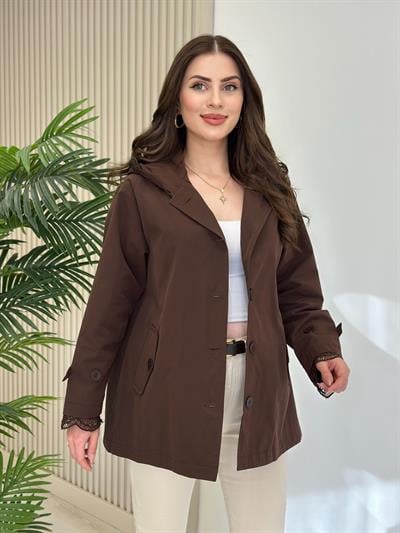 Güpür Detaylı Kapşonlu Trençkot Kahve