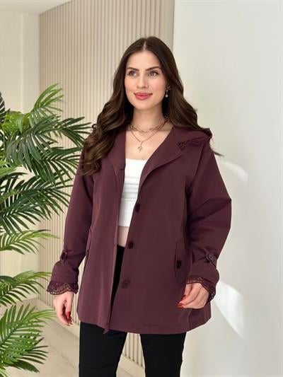 Güpür Detaylı Kapşonlu Trençkot Mürdüm