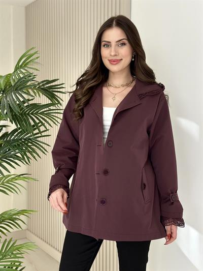 Güpür Detaylı Kapşonlu Trençkot Mürdüm